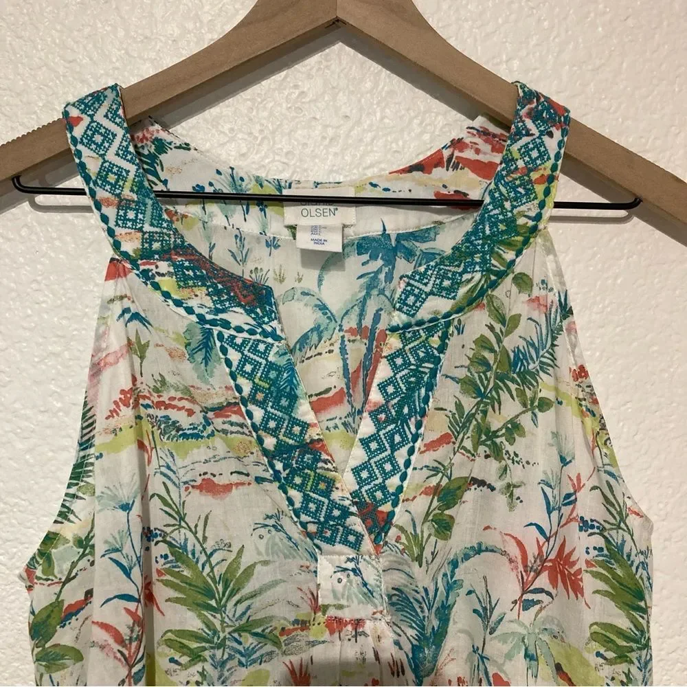Sigrid Olsen Tropical Print Sleeveless Top Large Embroidered